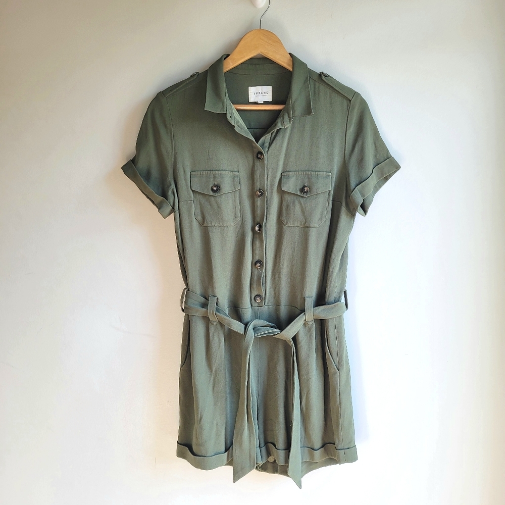 SEZANE Olive Military Green Utility Button-Up Romper with Belt Size 10